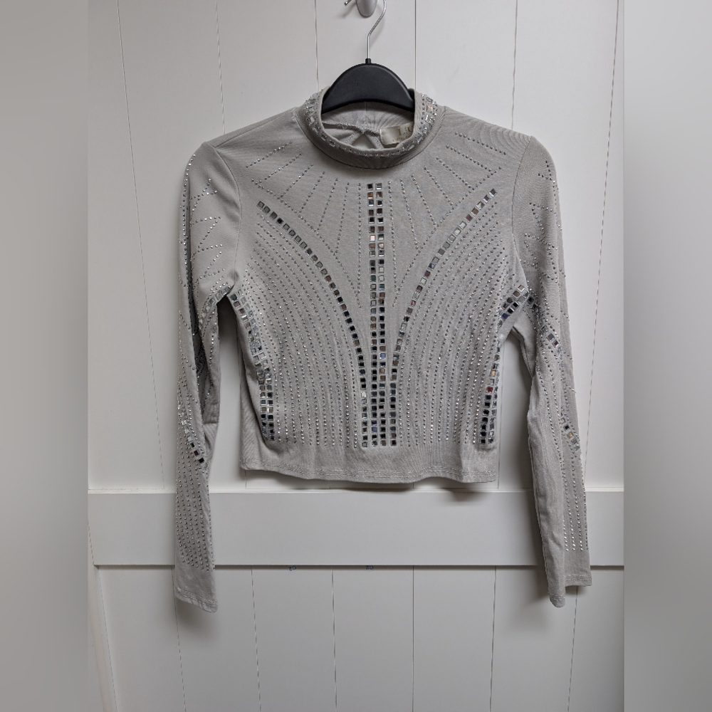 Lizette Collection Embellished Long-Sleeve Crop Top - Light Gray - XL